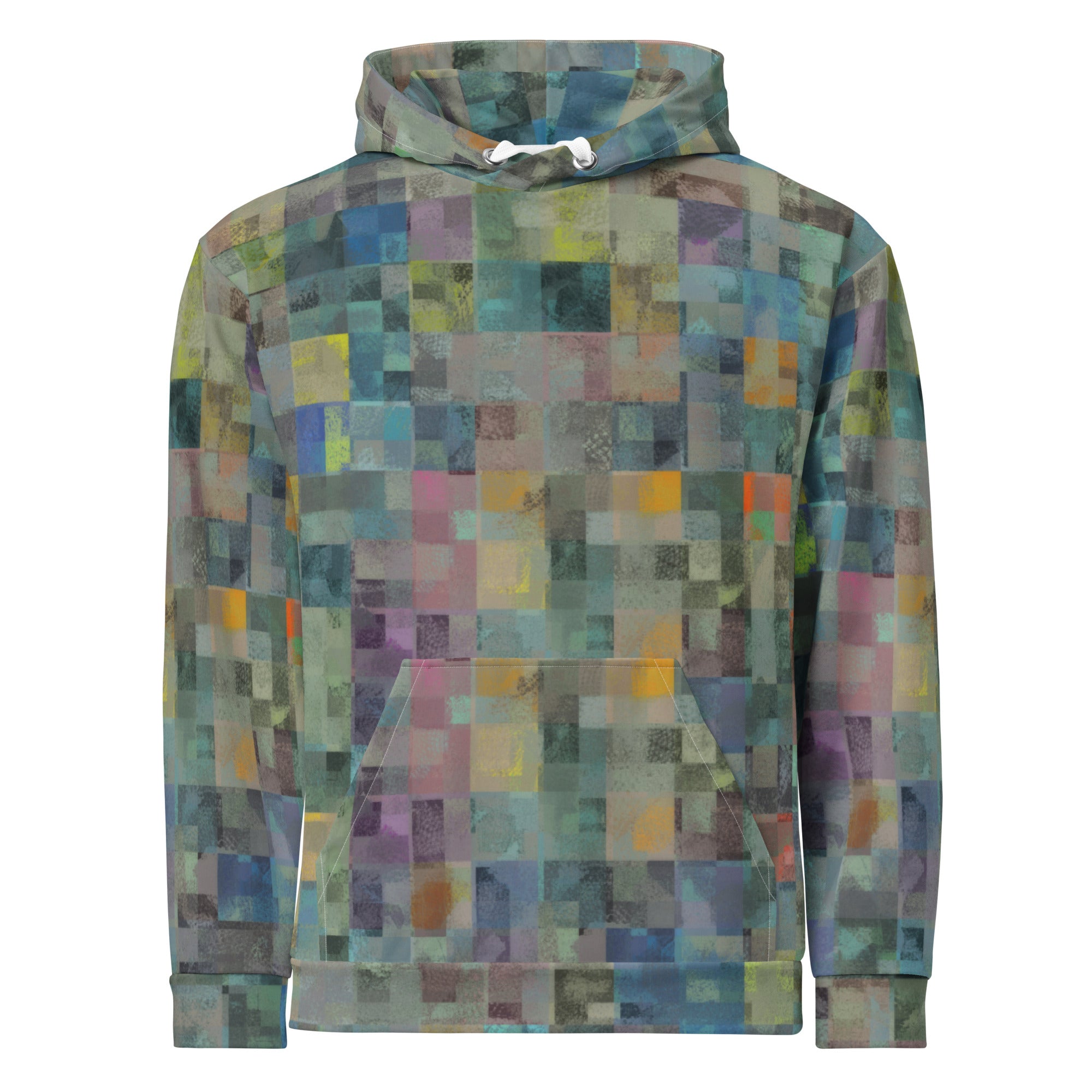 De Nada Braddah Weathered Patchwork Hoodie - front view, sun-bleached checker mosaic all-over print