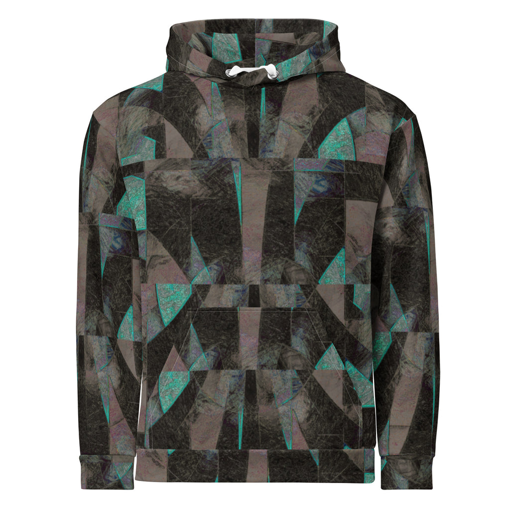 De Nada Braddah Low Tide Hoodie - front view, dark angular fractured mosaic all-over print