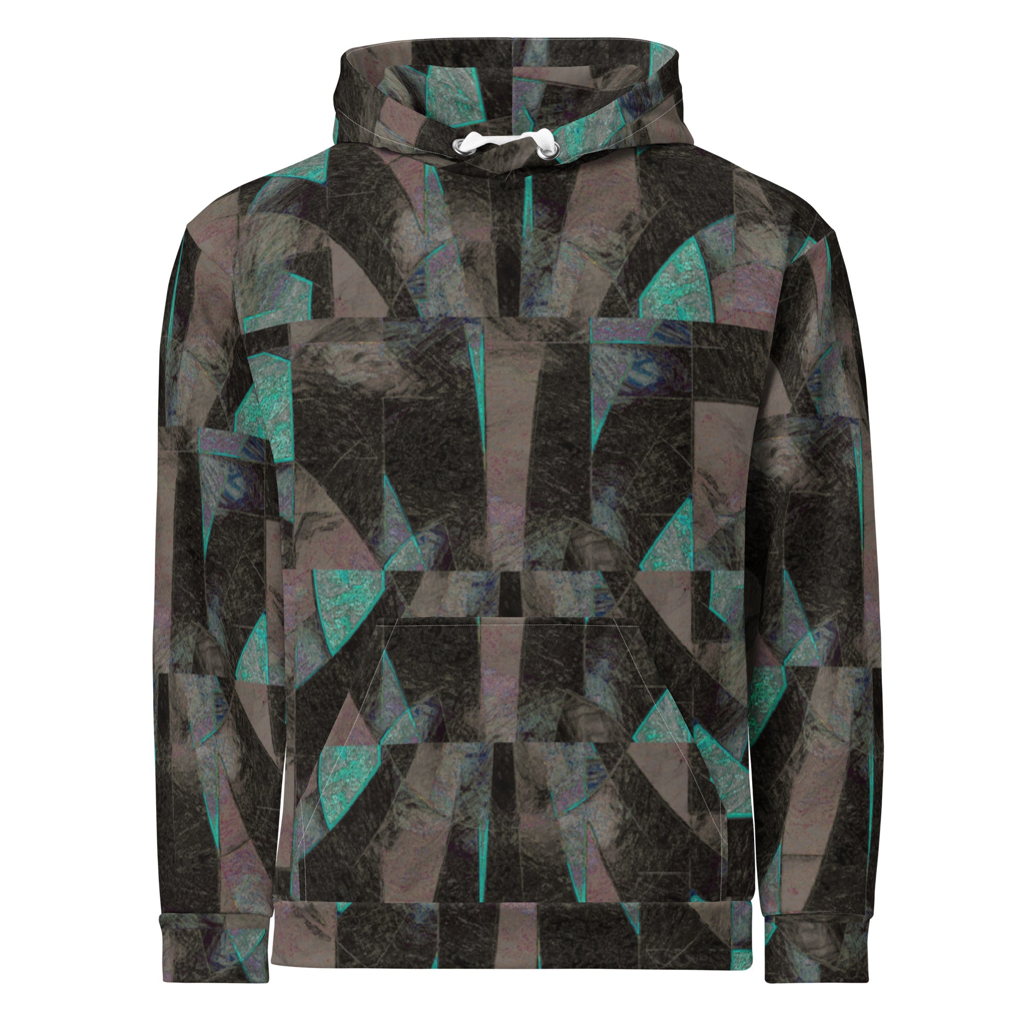 De Nada Braddah Low Tide Hoodie - front view, dark angular fractured mosaic all-over print