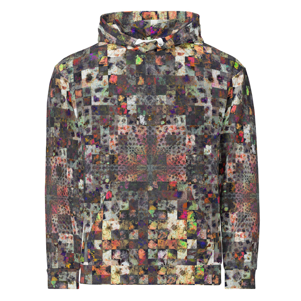 De Nada Braddah Sun-Faded Mosaic Hoodie - front view, weathered fragmented mosaic all-over print