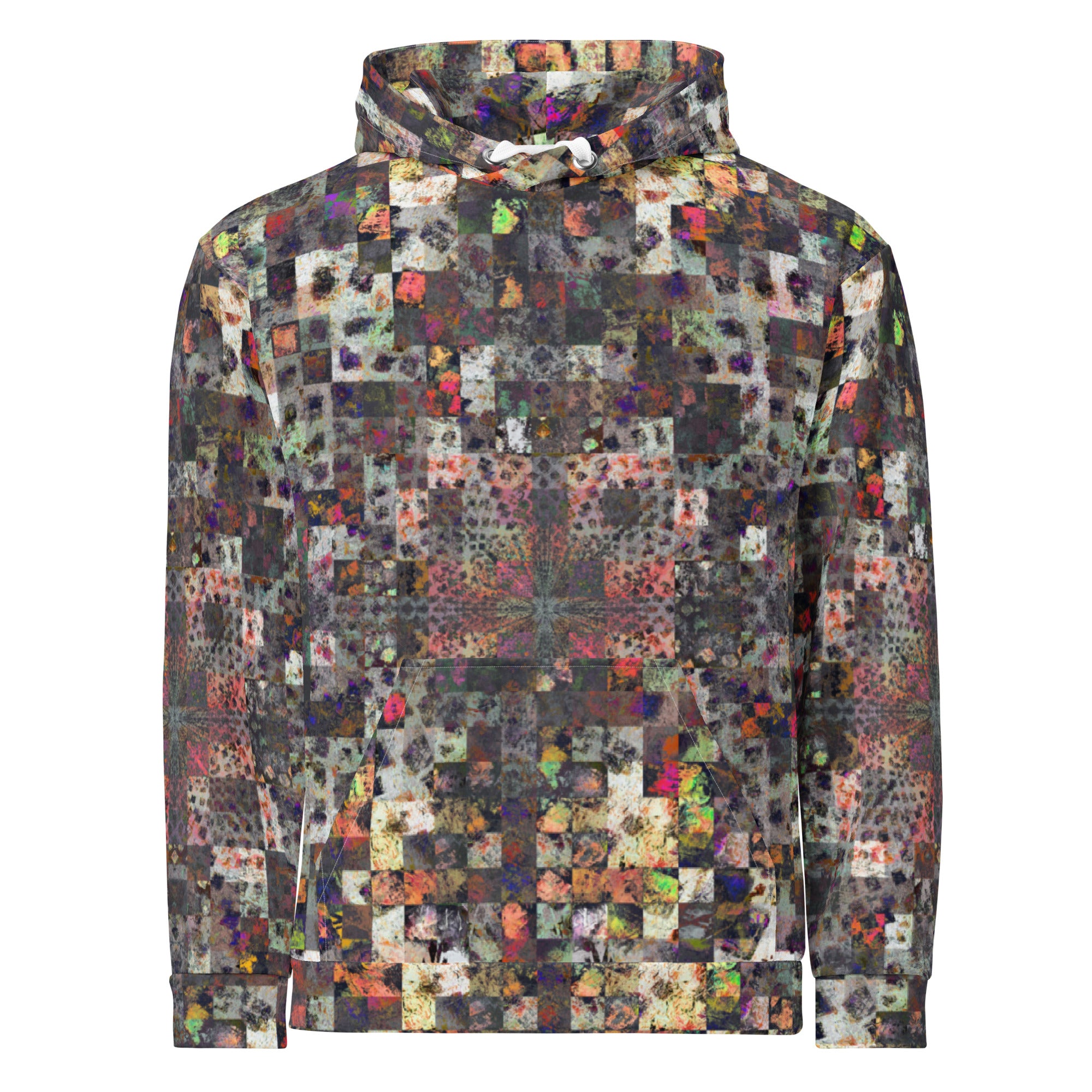 De Nada Braddah Sun-Faded Mosaic Hoodie - front view, weathered fragmented mosaic all-over print
