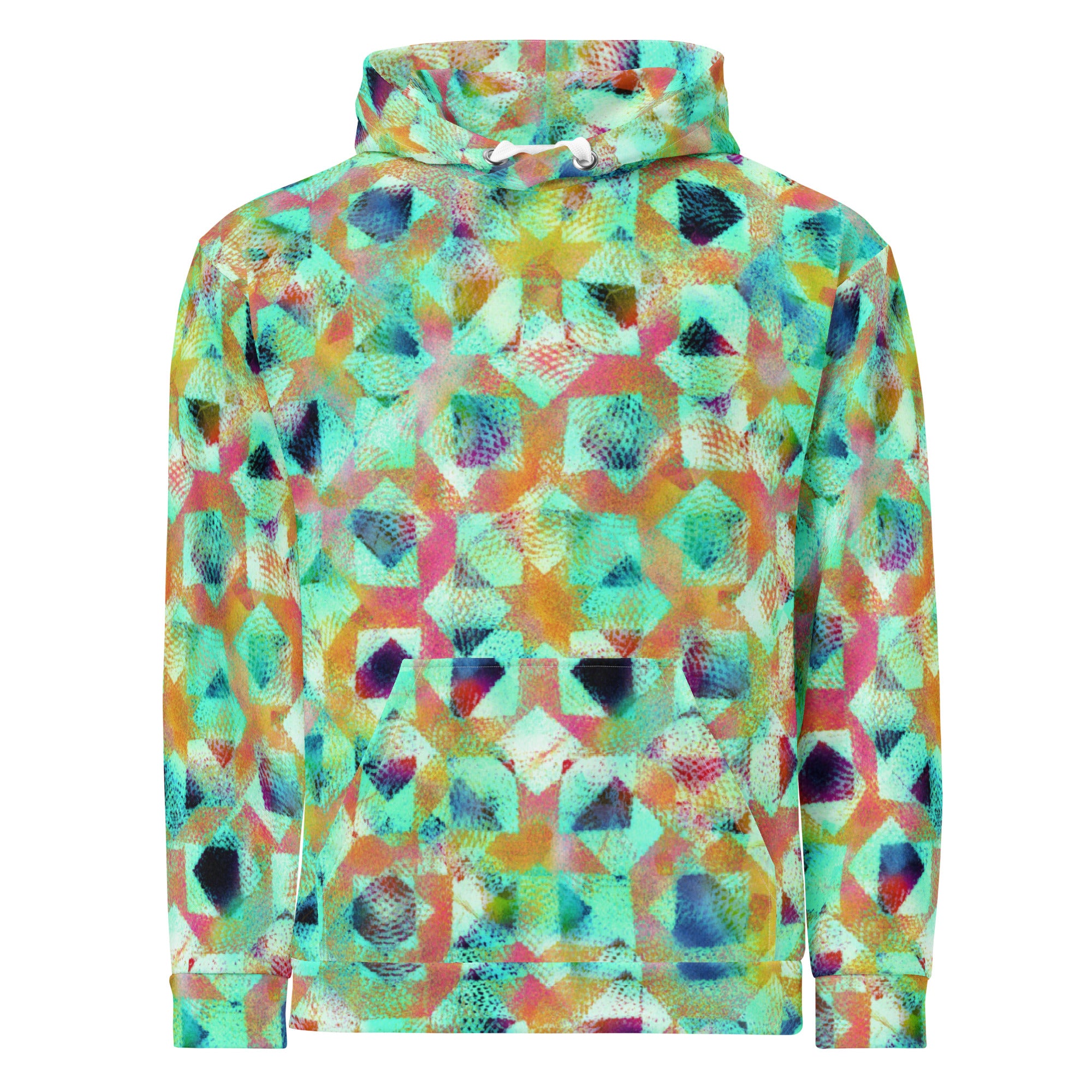 De Nada Braddah Sea Glass Hoodie - front view, fractured teal coral and mint mosaic all-over print